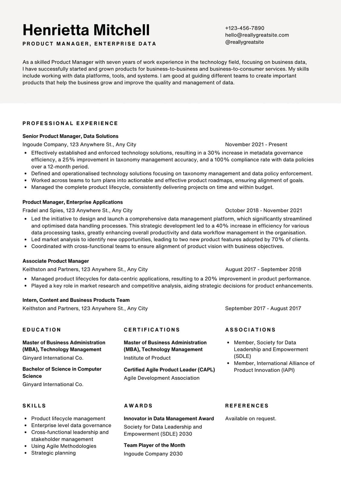 Business Development resume template using Tech Forward ATS-friendly layout